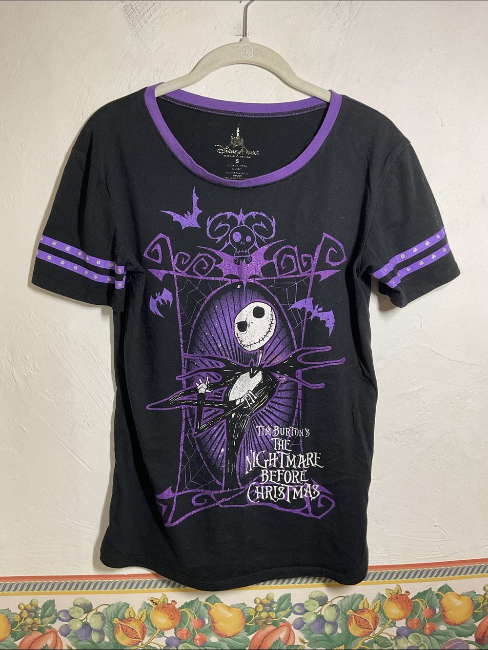 Disney Parks Nightmare Before Christmas Skellington Purple Varsity Stripe Tee S